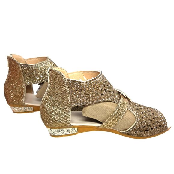 Zapatos De Mujer Gold Glitter Rhinestone Peep Toe Buckle Flat Wedge Sandals US 9 - Picture 3 of 9